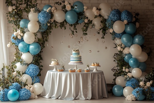 Elegant party decoration with cake balloons and floral arrangement in a bright room