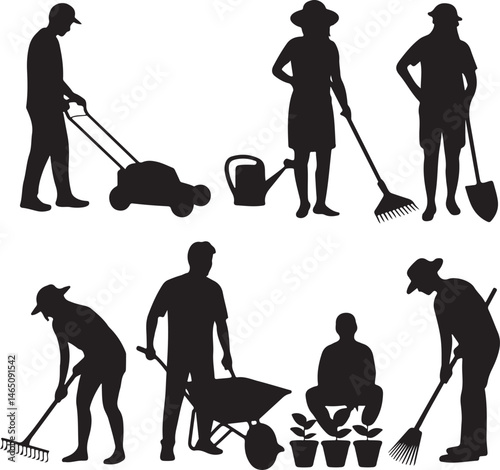 Gardener with Watering Can Silhouette

Garden Tools and Plants Vector Design

Woman Planting Flowers Silhouette

Gardening Scene with Raised Beds Art

Spring Garden Work Silhouette