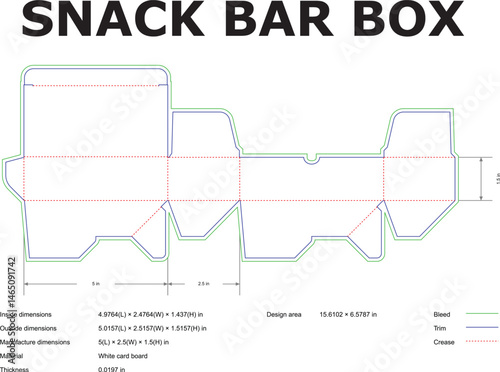 Detailed technical diagram of a snack bar box template with dimensions for packaging design and manufacturing