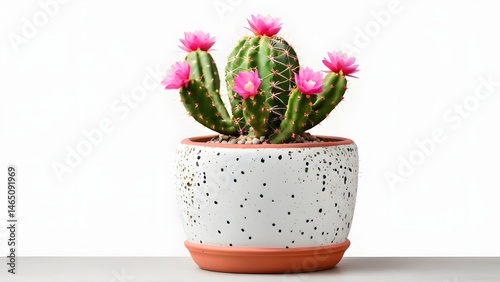 Vibrant Cactus with Pink Flowers in Decorative Pot on White Background