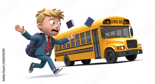Cartoon school boy running late for bus with books falling back to school concept illustration on transparent background