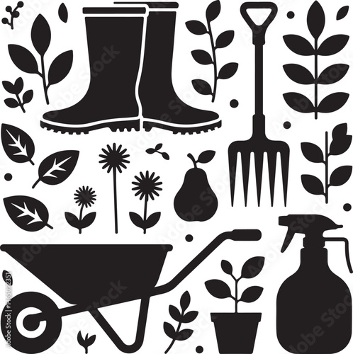 Gardener with Watering Can Silhouette

Garden Tools and Plants Vector Design

Woman Planting Flowers Silhouette

Gardening Scene with Raised Beds Art

Spring Garden Work Silhouette
