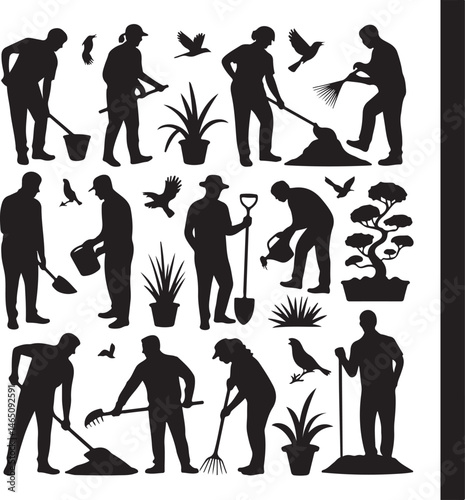 Gardener with Watering Can Silhouette

Garden Tools and Plants Vector Design

Woman Planting Flowers Silhouette

Gardening Scene with Raised Beds Art

Spring Garden Work Silhouette