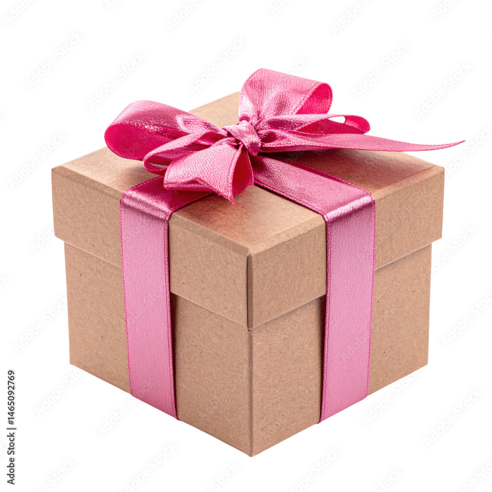 Obraz premium A brown gift box tied with a shiny pink ribbon and bow.