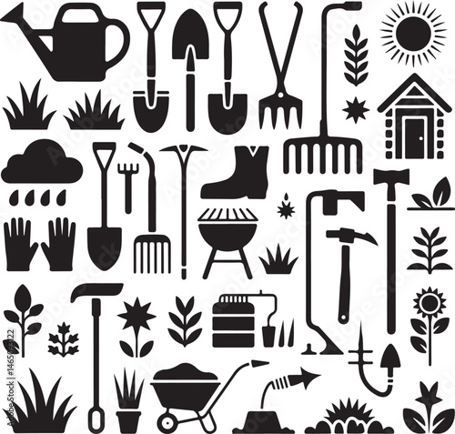 Gardener with Watering Can Silhouette

Garden Tools and Plants Vector Design

Woman Planting Flowers Silhouette

Gardening Scene with Raised Beds Art

Spring Garden Work Silhouette