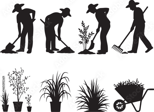 Gardener with Watering Can Silhouette

Garden Tools and Plants Vector Design

Woman Planting Flowers Silhouette

Gardening Scene with Raised Beds Art

Spring Garden Work Silhouette