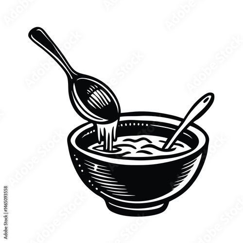 a ladle pouring soup into bowl vector art silhouette