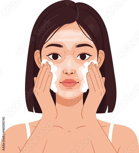 Flat Vector Illustration of Woman Washing Face, Skincare Routine with Facial Cleansing and Hygiene Concept