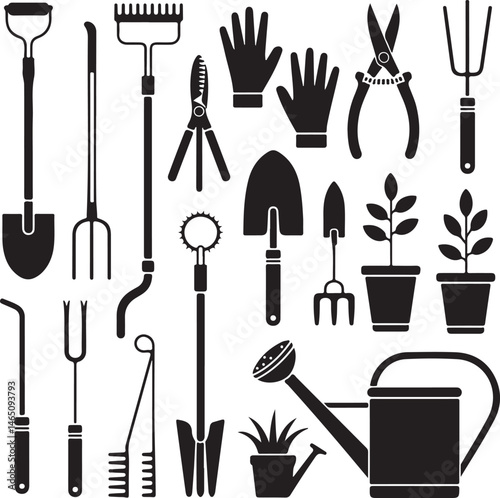Gardener with Watering Can Silhouette

Garden Tools and Plants Vector Design

Woman Planting Flowers Silhouette

Gardening Scene with Raised Beds Art

Spring Garden Work Silhouette