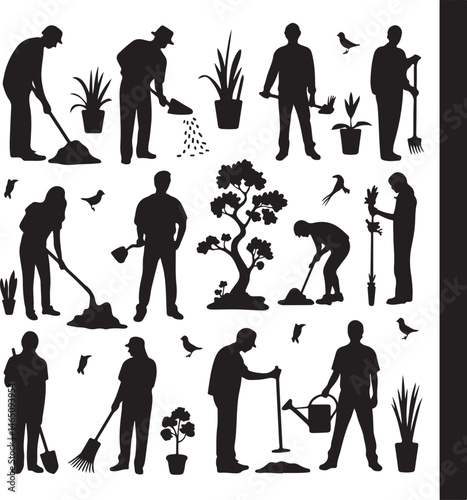 Gardener with Watering Can Silhouette

Garden Tools and Plants Vector Design

Woman Planting Flowers Silhouette

Gardening Scene with Raised Beds Art

Spring Garden Work Silhouette