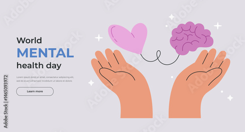 Mental Health Awareness Concept for World Mental Health Day, Heart Brain Harmony and Emotional Intelligence Illustartion. Mind Body Connection, Self Care, Mindfulness flat vector template for website