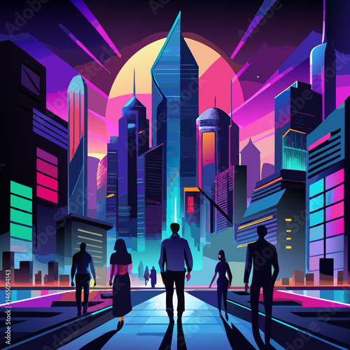 Silhouettes of people in futuristic cityscape digital urban environment vibrant colours skyscrapers neon lights modern city background