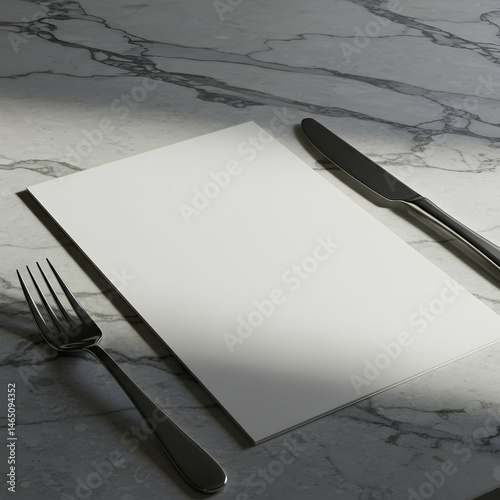 A blank white menu card on a marble surface with a fork and knife next to it in soft lighting