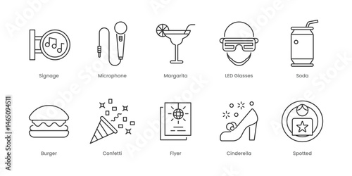 Night Club  Outline Icons Set – Photo, Signage, Video, Burger, Cinderella, Confetti, Flyer, Led Glasses, Soda, Spotted, Editable Stroke.