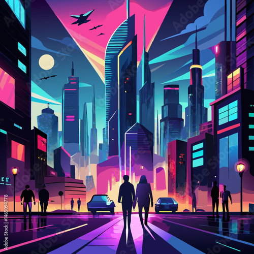 Silhouettes of people in futuristic cityscape digital urban environment vibrant colours skyscrapers neon lights modern city background