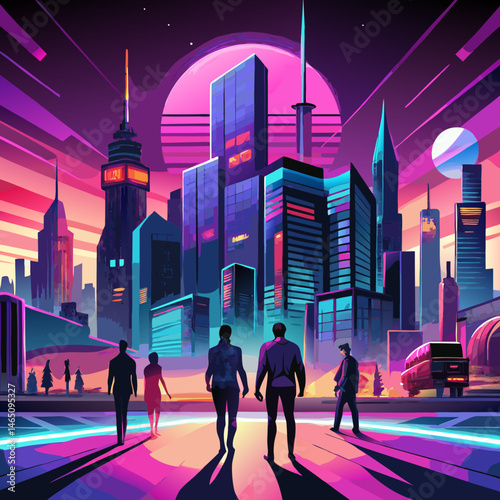 Silhouettes of people in futuristic cityscape digital urban environment vibrant colours skyscrapers neon lights modern city background