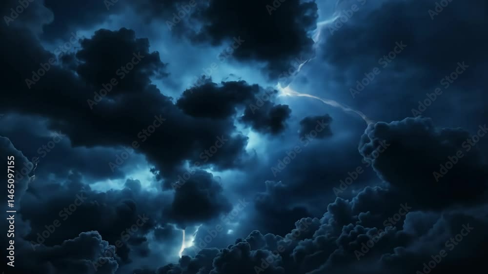 timelapse black cloud floating in sky with lightning strike in cloud 