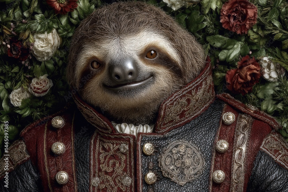 Fototapeta premium Enchanted sloth dressed in royal attire rests among vibrant flowers during a whimsical garden gathering