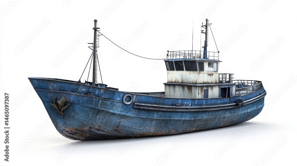 Naklejka premium A cargo ship clipart, maritime transport element, 3D illustration, deep blue tones, isolated on white background. 