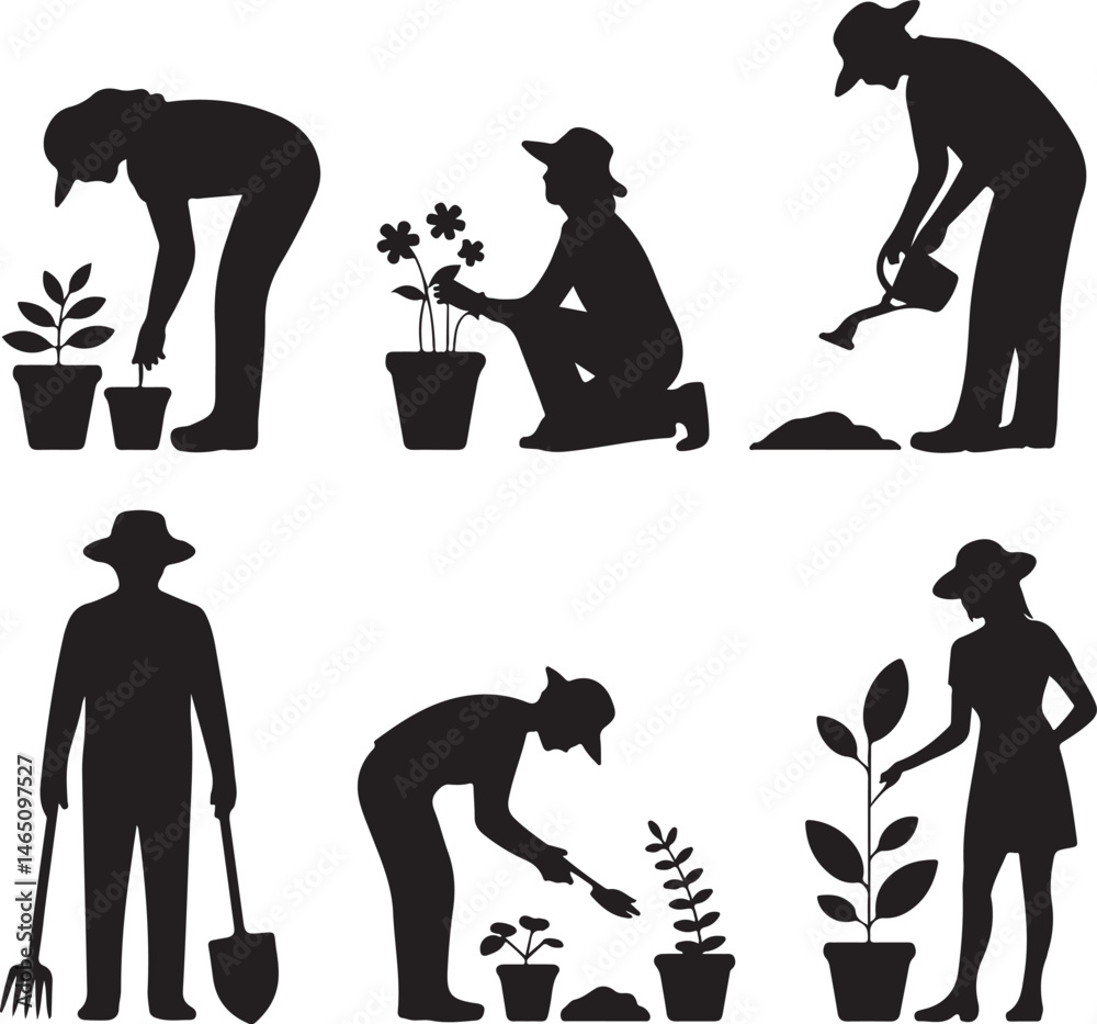 Obraz premium Gardening Tools Silhouette – Planting & Outdoor Hobby ArtGardener Clipart Vector – Rake, Shovel, and Watering CanHome Gardening SVG – Nature and Plant Care DesignBackyard Gardening Silhouette –