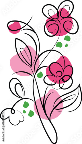 Elegant Pink Flower Line Art Botanical Illustration with Abstract Shapes