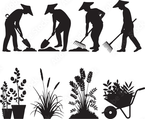 Gardener with Watering Can Silhouette

Garden Tools and Plants Vector Design

Woman Planting Flowers Silhouette

Gardening Scene with Raised Beds Art

Spring Garden Work Silhouette