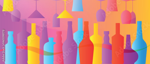 Beach party, banner design, wine and glass collection, flat design poster. Wine list, tasting merlot, chardonnay, drinks