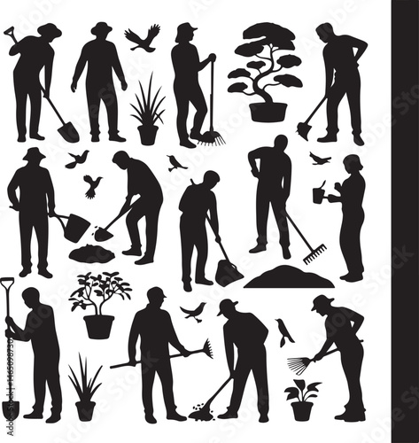 Gardener with Watering Can Silhouette

Garden Tools and Plants Vector Design

Woman Planting Flowers Silhouette

Gardening Scene with Raised Beds Art

Spring Garden Work Silhouette