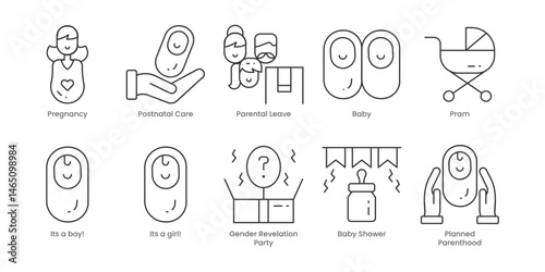 Parenthood  Outline Icons Set – Postnatal Care, Pregnancy, Baby, Parental Leave, Pram, Its A Boy!, Its A Girl!, Baby Shower, Gender Revelation Party, Planned Parenthood, Editable Stroke.