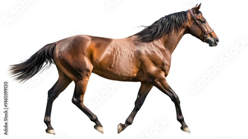 Side view of a sturdy brown horse trotting, white background