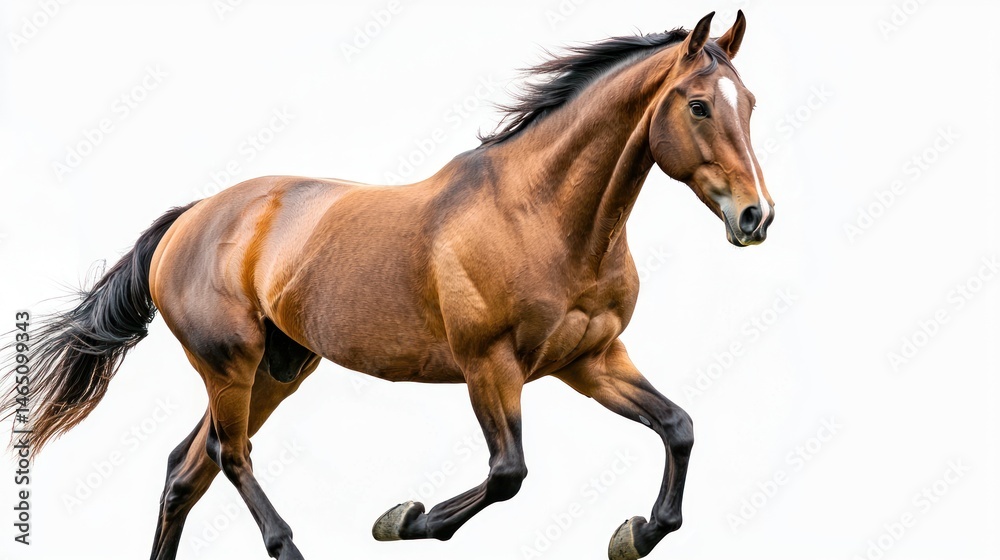 Obraz premium Side view of a sturdy brown horse trotting, white background