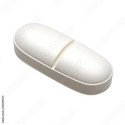 Close up of a single white scored oval pill isolated transparent background pharmaceutical medicine tablet