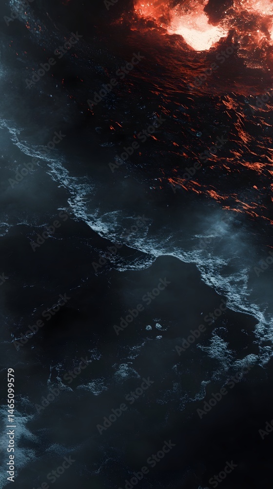 Fototapeta premium Dramatic image showcasing the intense fiery eruption of molten lava from a volcanic source unleashing a powerful and destructive force upon the surrounding landscape