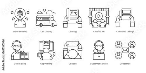 Traditional Marketing  Outline Icons Set – Buyer Persona, Car Display, Catalog, Cinema Ad, Classified Listings, Cold Calling, Copywriting, Coupon, Customer Service, Direct Mail, Editable Stroke.