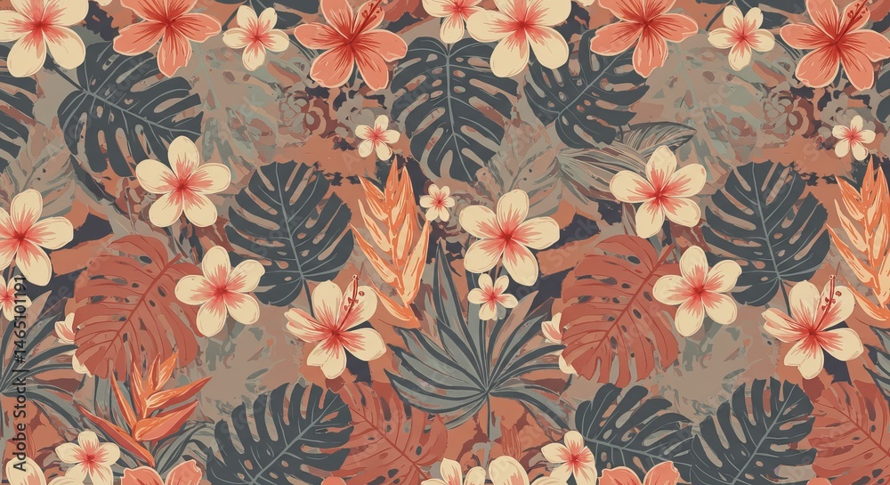 Vibrant Tropical Floral Pattern Seamless Design with Hibiscus, Plumeria, and Monstera Leaves Vibrant Tropical Floral Pattern Seamless Design with Hibiscus, Plumeria, and Monstera Leaves