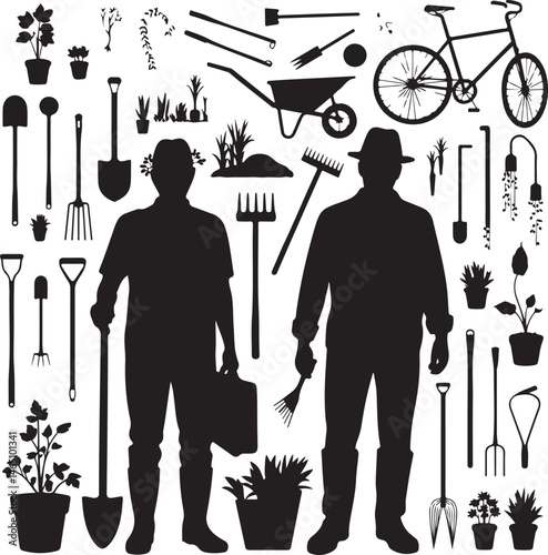Gardener with Watering Can Silhouette

Garden Tools and Plants Vector Design

Woman Planting Flowers Silhouette

Gardening Scene with Raised Beds Art

Spring Garden Work Silhouette