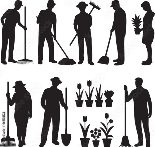Gardener with Watering Can Silhouette

Garden Tools and Plants Vector Design

Woman Planting Flowers Silhouette

Gardening Scene with Raised Beds Art

Spring Garden Work Silhouette