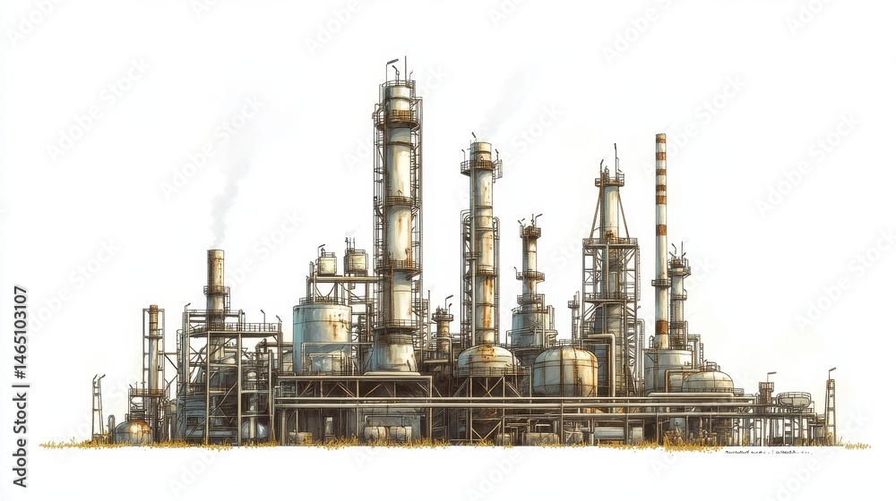 A refinery clipart, energy infrastructure element, flat design illustration, neutral tones, isolated on white background A refinery clipart, energy infrastructure element, flat design illustration, neutral tones, isolated on white background