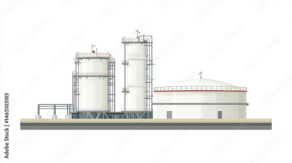 Obraz premium A refinery clipart, energy infrastructure element, flat design illustration, neutral tones, isolated on white background
