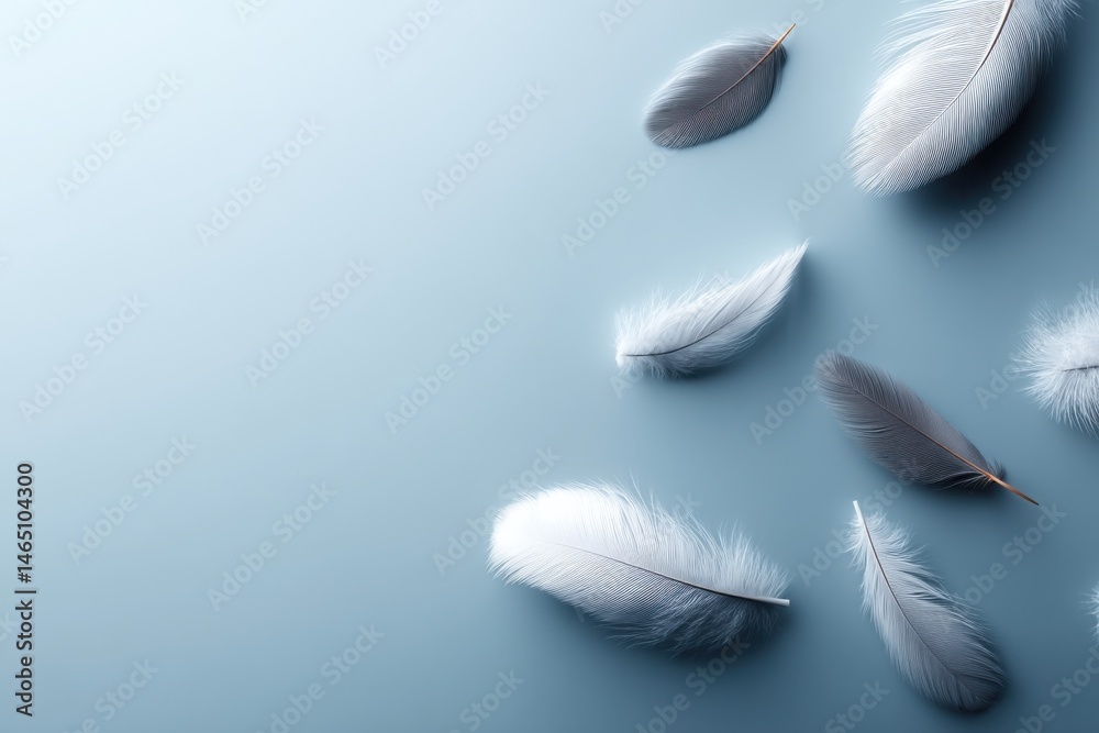 Captivating display of fluffy down feathers on soft blue background with ample copy space