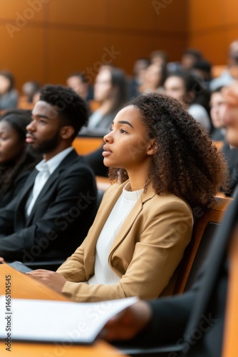 Obraz na płótnie Students engage in lively discussions in a diverse law school classroom setting w salonie