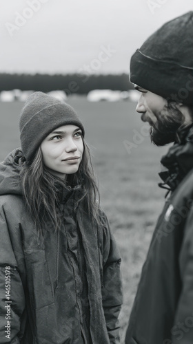 A serene field encases a pensive moment between two bundled individuals, evoking Kozara Ethno Festival's rustic charm