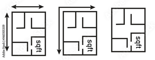 real estate floorplan icons, black line apartment layout symbols with dimension arrows vector illustration