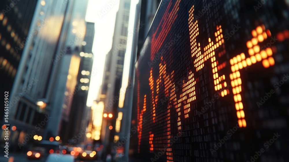 Fototapeta premium Urban cityscape backdrop showcasing a digital financial display.