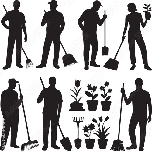 Gardener with Watering Can Silhouette

Garden Tools and Plants Vector Design

Woman Planting Flowers Silhouette

Gardening Scene with Raised Beds Art

Spring Garden Work Silhouette