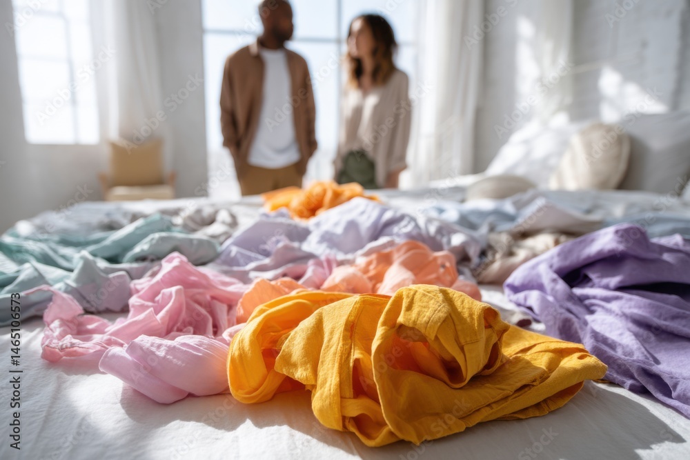 Bright and colorful discussion on fashion tips with scattered clothing in a vibrant bedroom setting