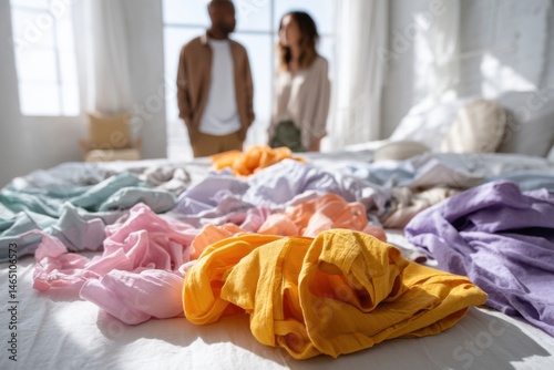 Obraz na płótnie Bright and colorful discussion on fashion tips with scattered clothing in a vibrant bedroom setting w salonie