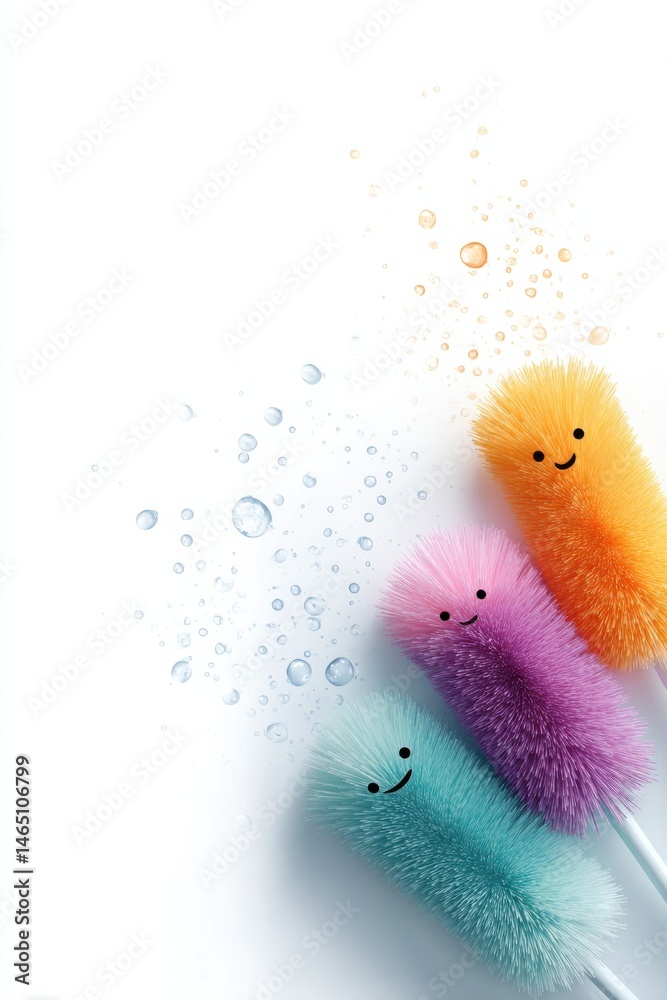 Cheerful scrubbers sharing effective cleaning tips with colorful tools and friends for a sparkling finish