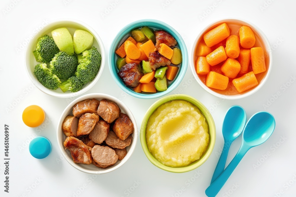 Assorted baby food dishes, featuring vegetables, meat, and puree.  Small bowls of broccoli, carrots, mixed vegetables with meat, and sausage.  Soft, mashed potato puree in a bowl. 