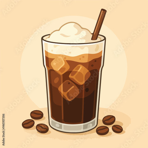 A vector illustration of iced coffee in a transparent glass, filled with ice cubes and topped with milk foam. Surrounded by scattered coffee beans, the drink is presented in a clean, mini